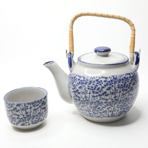 Vintage Blue & White Asian Tea Set Bamboo Design Rattan Handle Pot & Cup - Picture 6 of 6